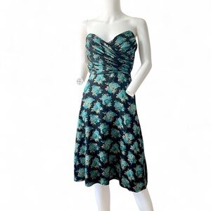 Betsey Johnson Strapless Floral Tea-Length Dress in Teal and Navy